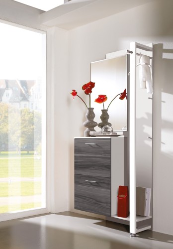 Amstyle Design Garderoben Set Luu Wandgarderobe mit Spiegel und Schuhschrank Wei&szlig; / Esche-Karbon