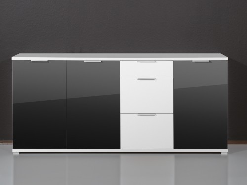 Amstyle Design Kommode Lilly Sideboard mit 3 Schubladen gro&szlig;e Anrichte mit Glas Front 192 x 40 cm Schwarz / Wei&szlig;