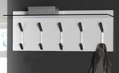 Zijlstra Design Wandgarderobe 90 x 36 cm Garderobe mit Glas Hutablage und Edelstahl Haken Wei&szlig; Hochglanz