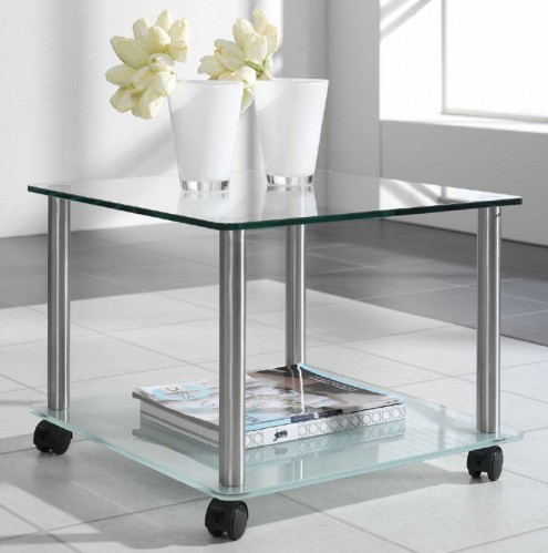 Zijlstra Design Wohnzimmertisch 50 x 50 cm Beistelltisch rollbar, mit Edelstahl Gestell Glastisch
