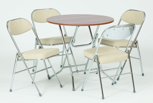 Josef Hoffmann Tischfabrik Design Holz Esstisch, Klapptisch Walnuss &Oslash; 80 cm + 4 Klappst&uuml;hle aus Kunstleder Beige