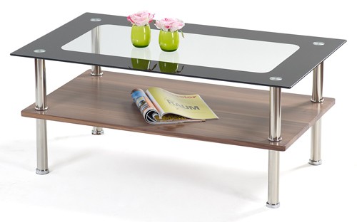 Ilert Design Couchtisch Luke 05 Wohnzimmertisch 100 x 60 cm, Glastisch Schwarz mit Holzablage Nussbaum
