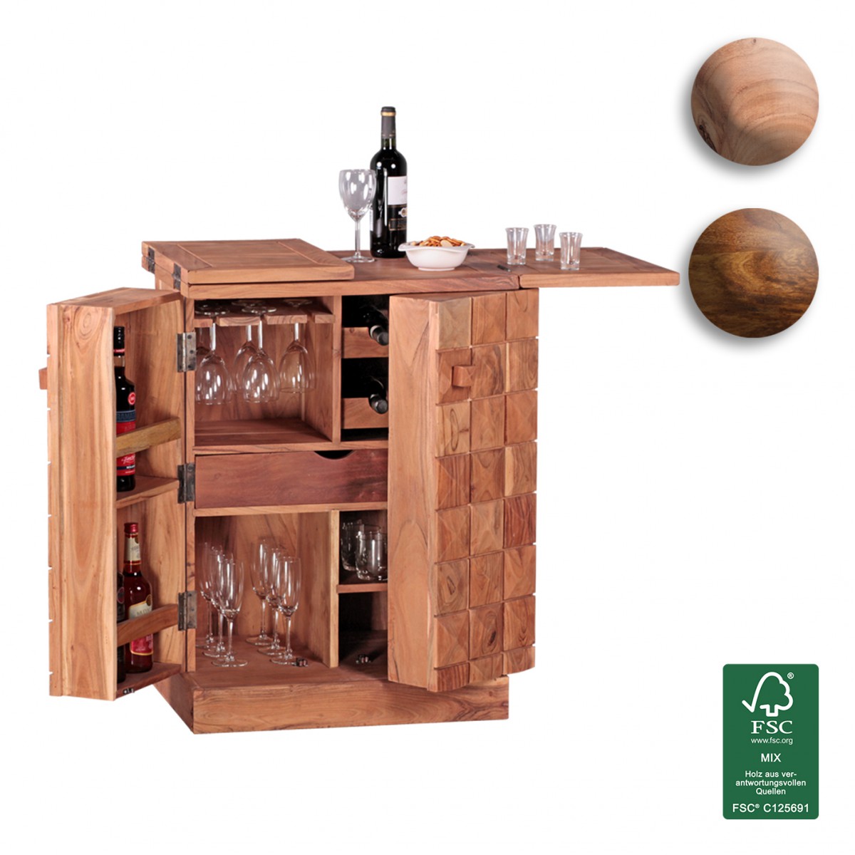 FineBuy Hausbar Massivholz Weinbar ausklappbar Vitrine 130 cm
